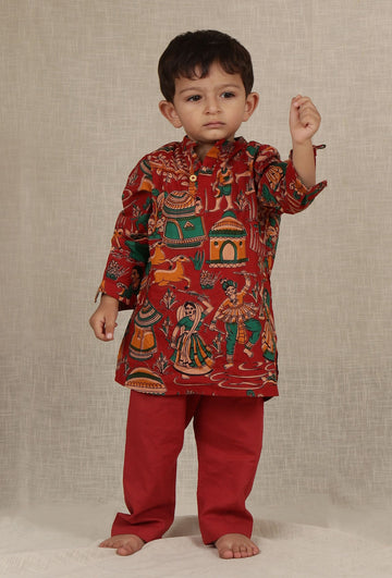 Set Of 2: Laksh Red Kalamkari Printed Cotton Kurta & Maroon Red Pyjama